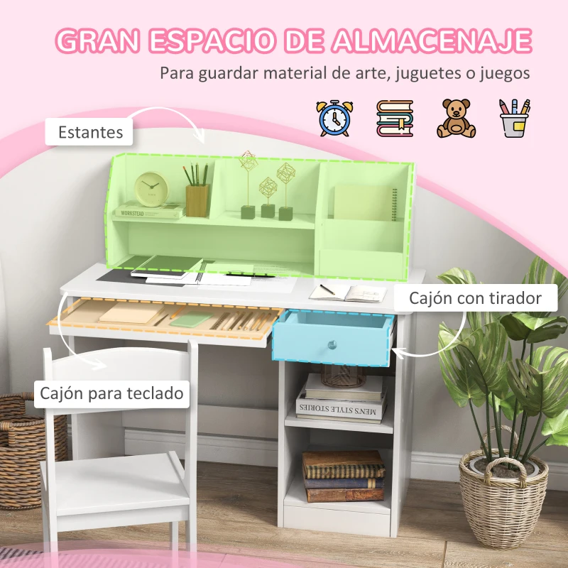 ZONEKIZ Escritorio y Silla para Niños con Almacenaje para Estudio Lectura y Juegos Mesa 90x45x90 cm y Silla 32x31,5x65 cm Blanco