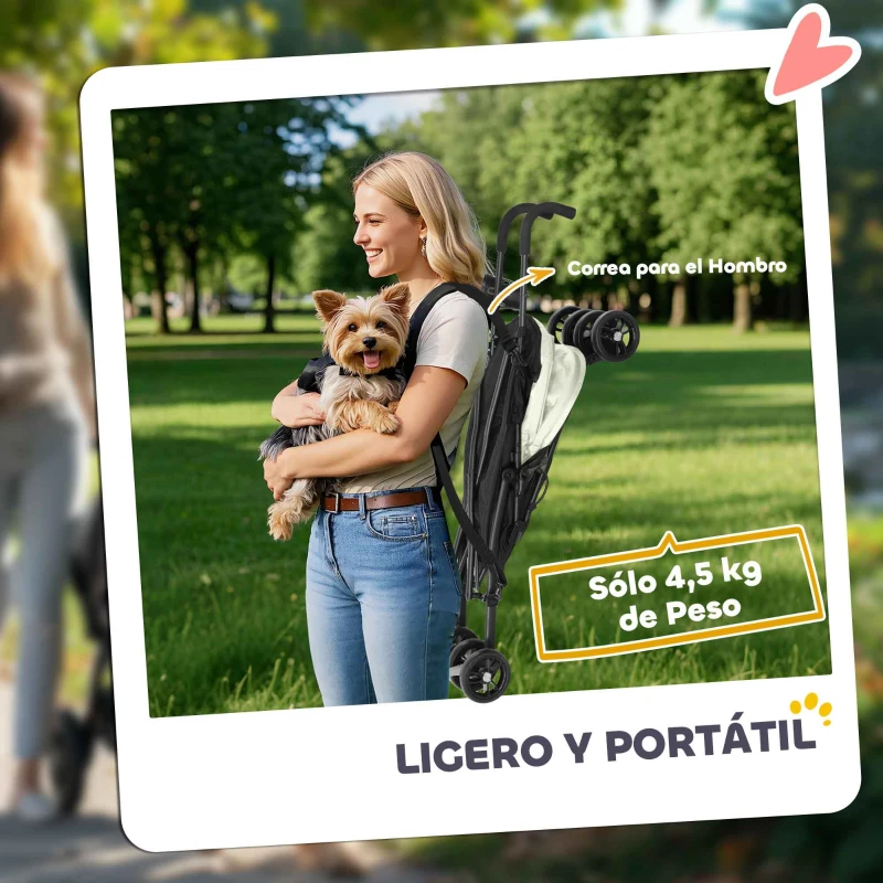 PawHut Cochecito para Perros Pequeños con Estructura de Paraguas con Cojín Lavable Portavaso Ventanas de Malla y Bolsa Crema