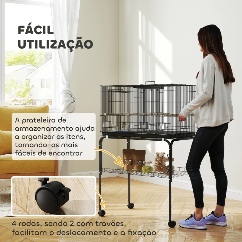 PawHut Gaiola para Pássaros com Divisória Rodas Gaiola para Aves com Comedouros Poleiros e Bandeja Removível 76x46x116 cm Preto