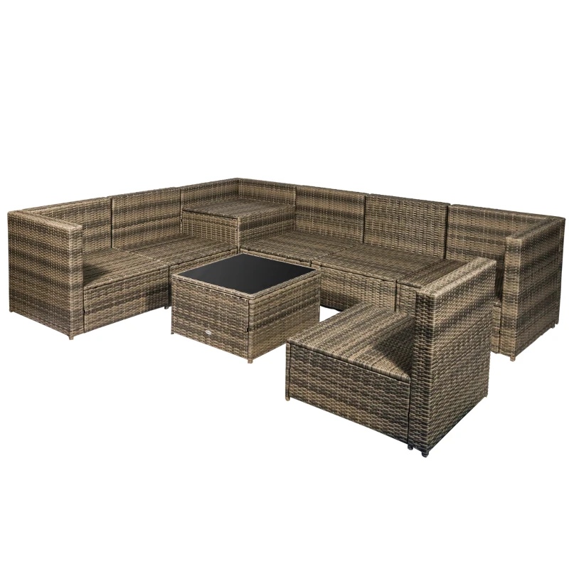 Outsunny 8 Pieces Outdoor PE Rattan Sofa Set with Cushions, Patio Garden Furniture Sets with Glass Top Coffee Table, Storage Corner Table, Mixed Brown