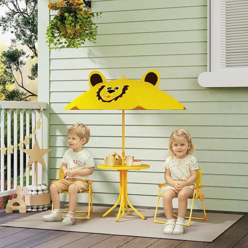 AIYAPLAY Gartenmöbel-Set für Kinder, Stühle, Tisch, Sonnenschirm, Löwen-Design, Gelb