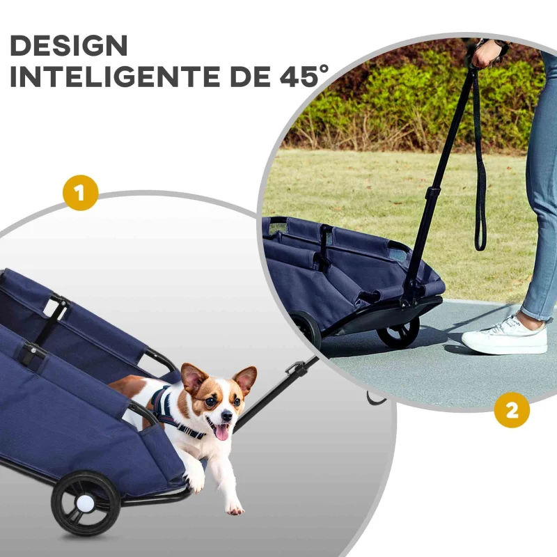 PawHut Carrinho para Cães Dobrável Carrinho para Cães Miniatura com Barra de Empurre Ajustável Desenho Aberto 53x45x28 cm Azul Escuro