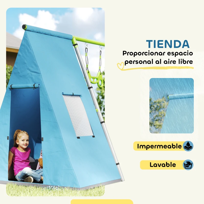 AIYAPLAY Columpio Infantil 3 en 1 con Tienda Anillas y Altura Ajustable para Niños de 3-8 Años Estructura Metálica 283x180x182 cm
