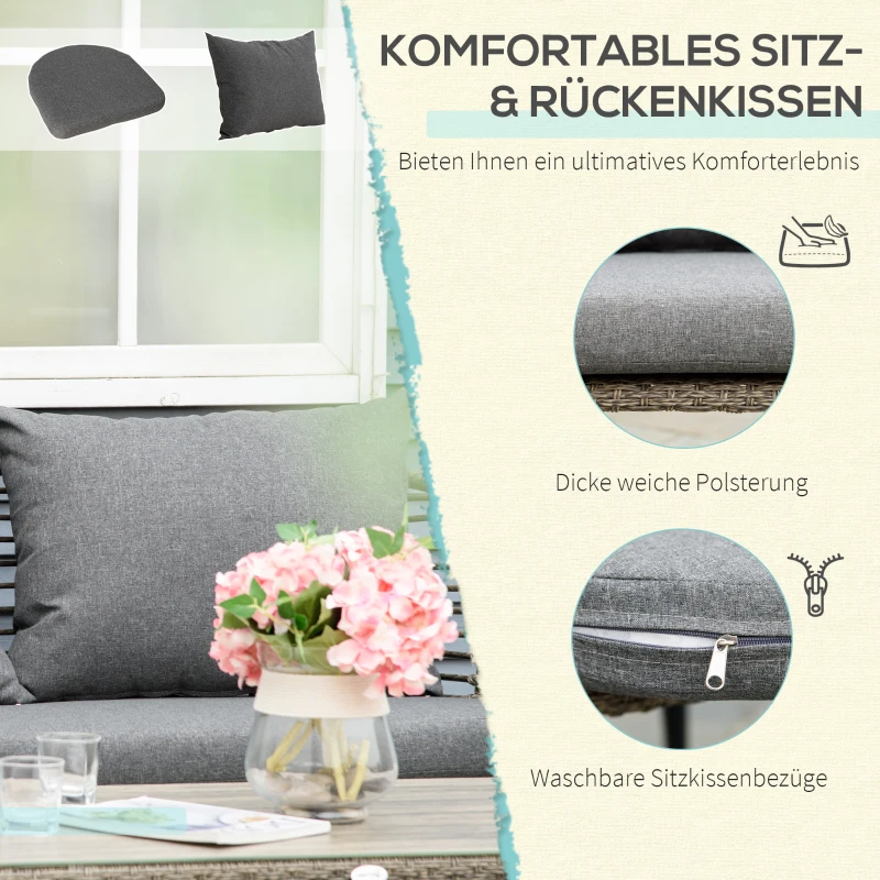 Outsunny Gartenmöbel-Set für 4 Personen, 1 Sofa, 2 Sessel. 1 Tisch, PE-Rattan, abnehmbare Polster, Braun+Grau