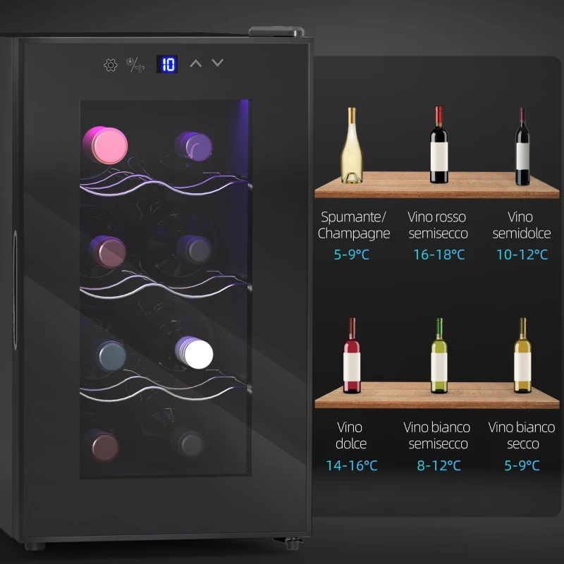 HOMCOM Cantinetta Vino Refrigerata per 8 Bottiglie, Capacità 21L, Display Touch e Ripiani Regolabili, Nero