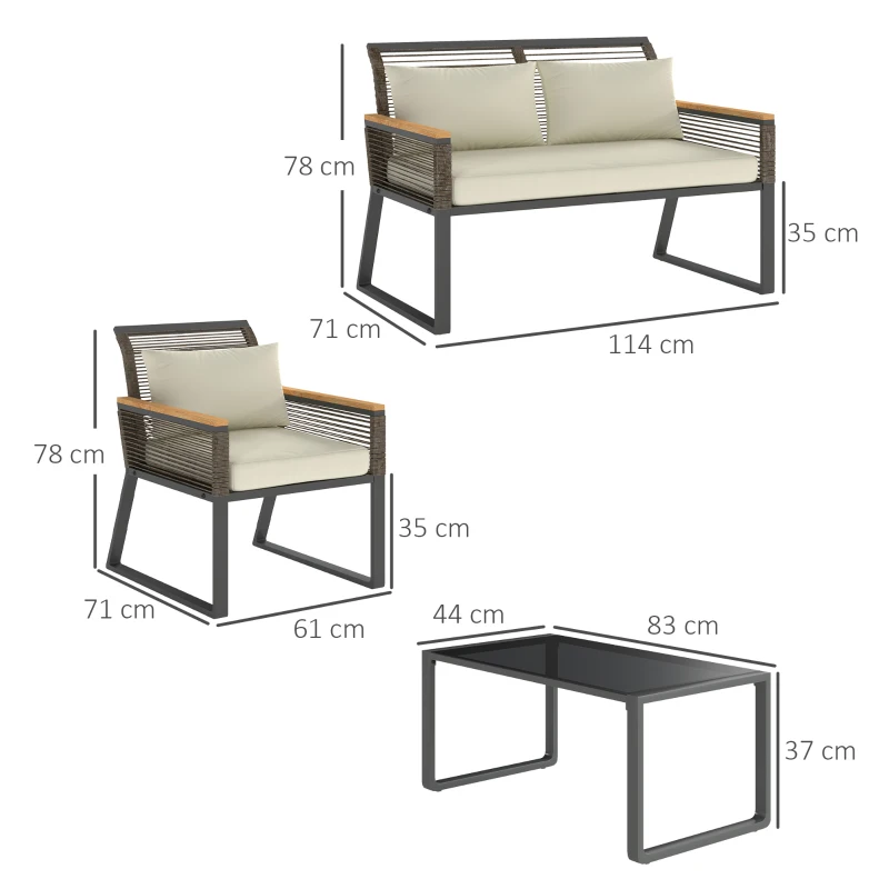Outsunny Zestaw mebli ogrodowych Polyrattan dla 4 osób wodoodporny Zestaw balkonowy z sofą dla 2 osób, 2 krzesła Stolik z hartowanego szkła Poduszki Beżowy