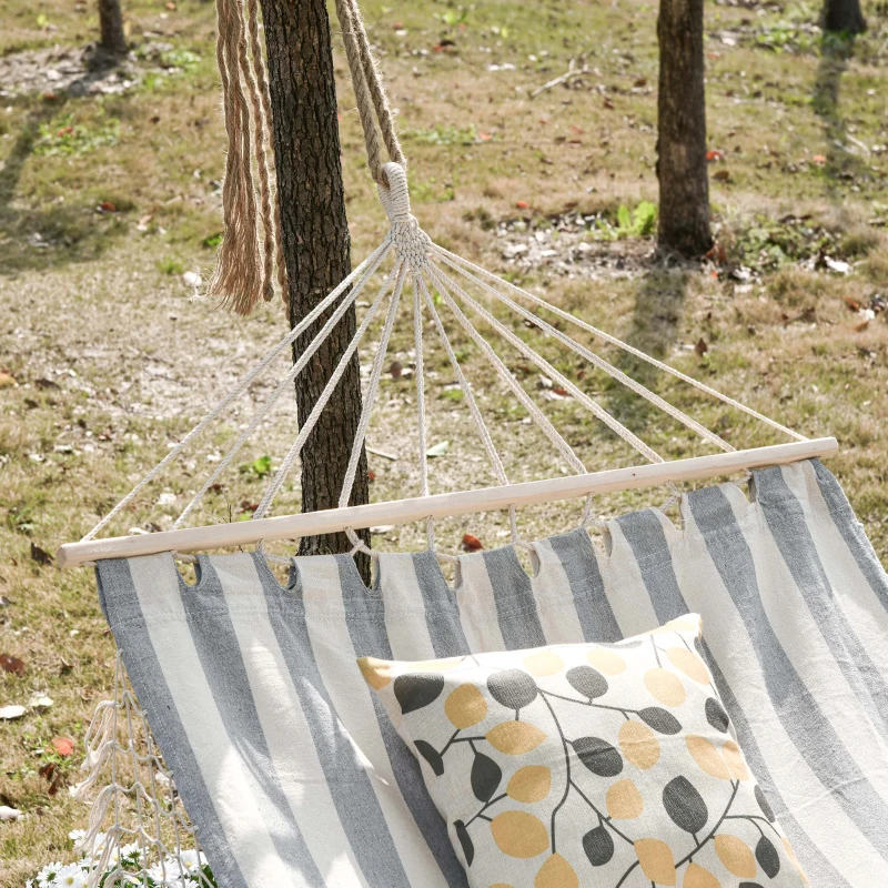 Outsunny Cama Rede de Jardim 200x100 cm Rede Suspensa com Travessas de Madeira para Pátio Varanda Campismo Creme e Cinza