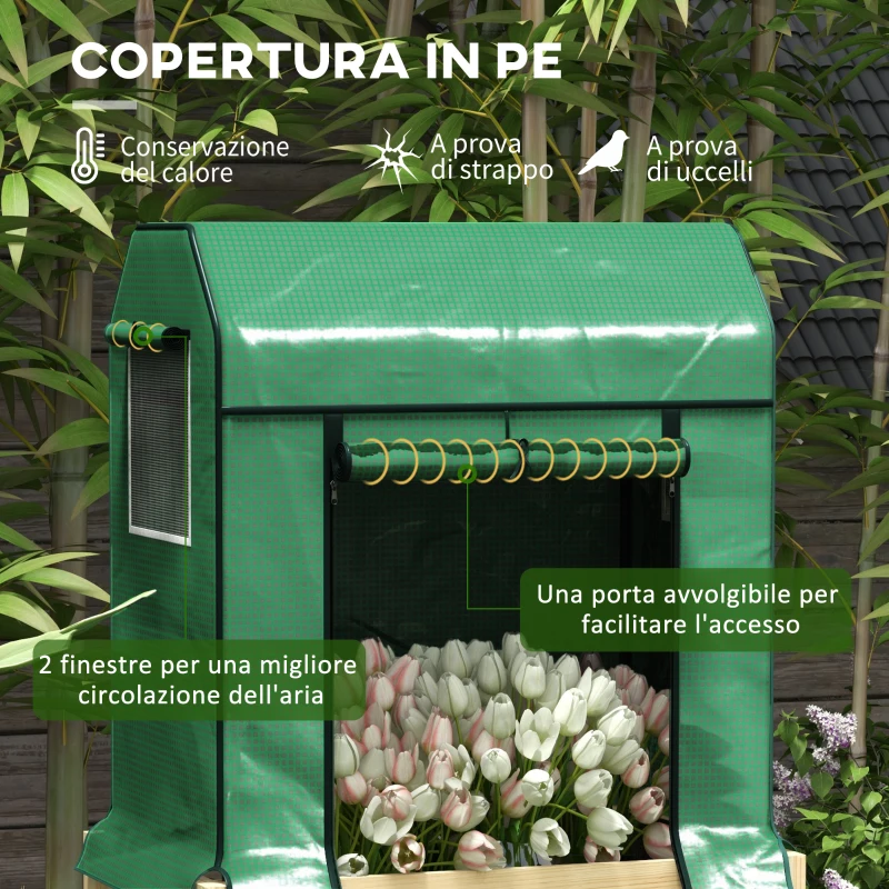 Outsunny Letto per Orto Rialzato con Copertura in PE Verde e Struttura in Legno, 80x60x165cm