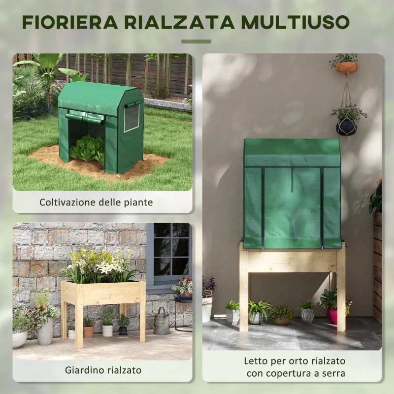 Outsunny Letto per Orto Rialzato con Copertura in PE Verde e Struttura in Legno, 80x60x165cm
