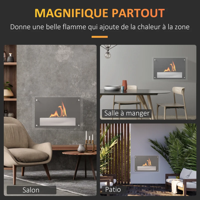 HOMCOM Cheminée bioéthanol Murale encastrable brûleur 1.5 L, environ 3 h de durée de combustion dim. 60L x 22l x 40H cm Couverture 20-25 m² Acier inox