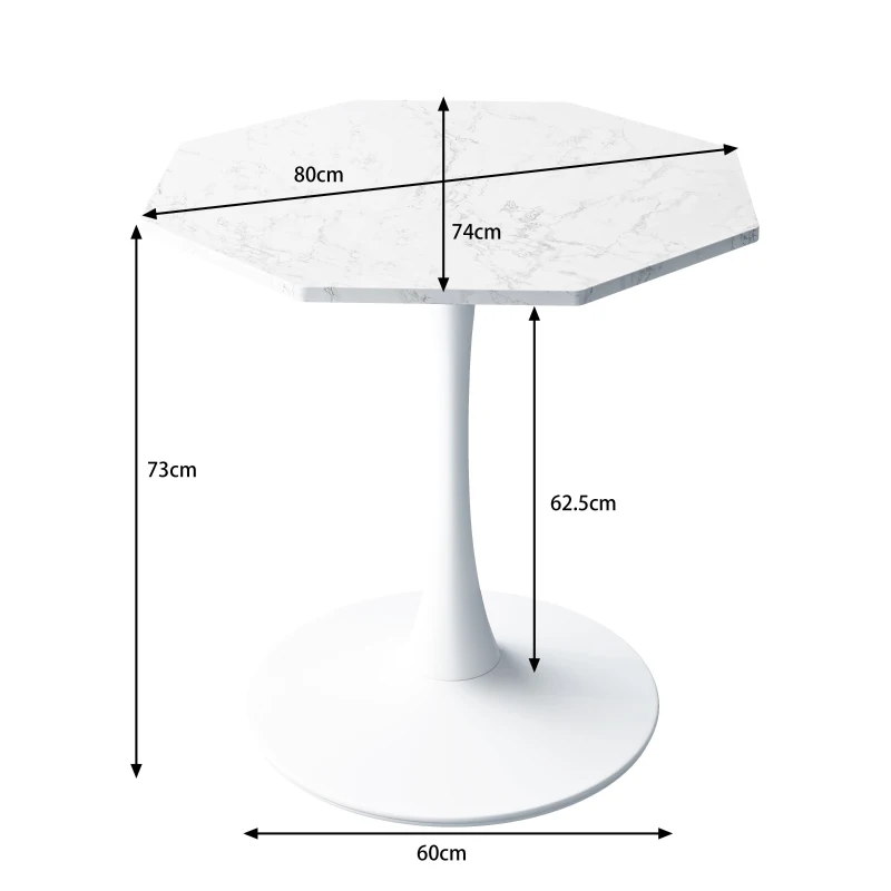 Mesa Moderna de Centro Octogonal con Tablero de MDF en Efecto Mármol y Base Metálica, 80x74x73 cm, Blanco