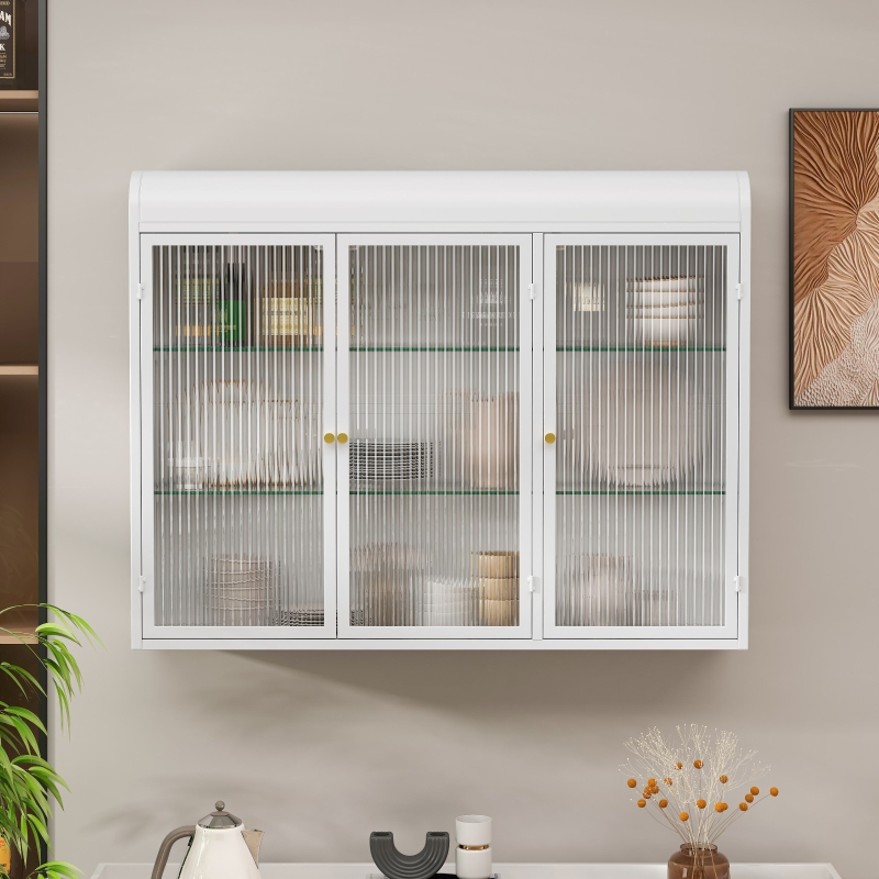 LVSOMT LED Vetrina Espositiva in vetro ad arco, 180cm Altezza Vetrinetta con Ante in vetro, Vetrina Arcuato in Legno con 4 Ripiani e 2 Cassetti, Luce 3 Colori, Vetrinetta Soggiorno, Corridoio, Bianco