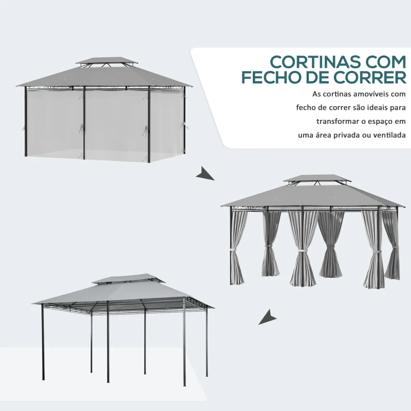Outsunny Pérgola de Jardim 3x4 m Pérgola de Exterior com Paredes Laterais Teto Duplo 6 Portas e 8 Orifícios de Drenagem Cinza