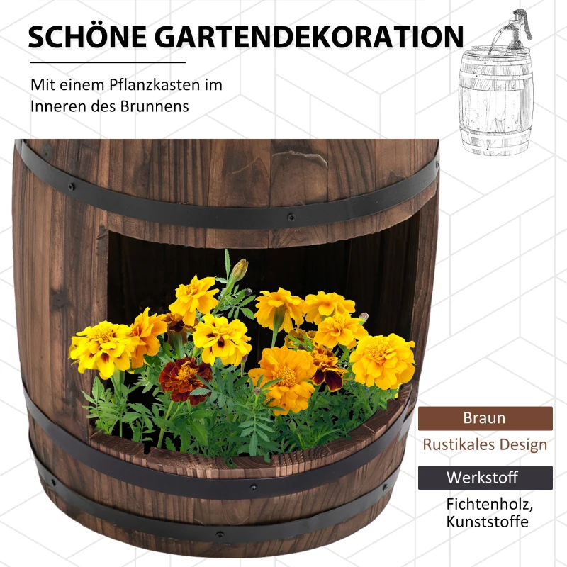 Outsunny Gartenbrunnen Zierbrunnen Springbrunnen Fassbrunnen Wasserfall Holzfass mit Pflanzgefäß Tannenholz Dunkelbraun Ø27 x 59 cm