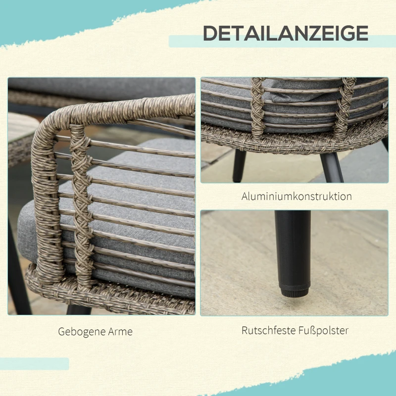 Outsunny Gartenmöbel-Set für 4 Personen, 1 Sofa, 2 Sessel. 1 Tisch, PE-Rattan, abnehmbare Polster, Braun+Grau