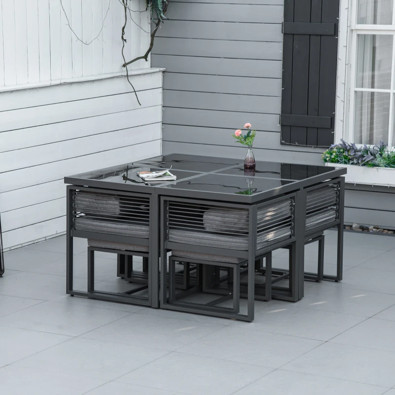 Outsunny Nine-Piece Aluminium Garden Set, with Glass-Top Table - Grey