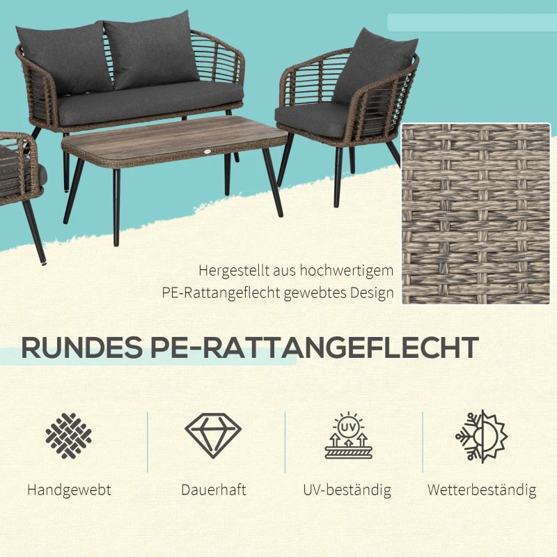 Outsunny Gartenmöbel-Set für 4 Personen, 1 Sofa, 2 Sessel. 1 Tisch, PE-Rattan, abnehmbare Polster, Braun+Grau