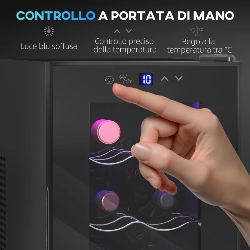 HOMCOM Cantinetta Vino Refrigerata per 8 Bottiglie, Capacità 21L, Display Touch e Ripiani Regolabili, Nero