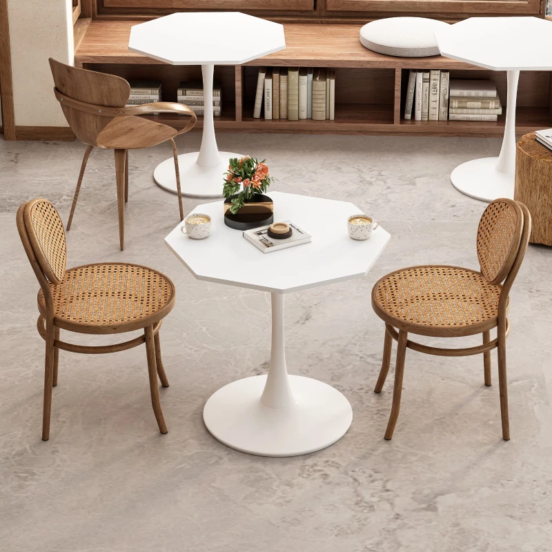 Tavolino da caffè ottagonale moderno, piano in MDF con base in metallo, 80×74×73 cm, per soggiorno e cucina, Bianco