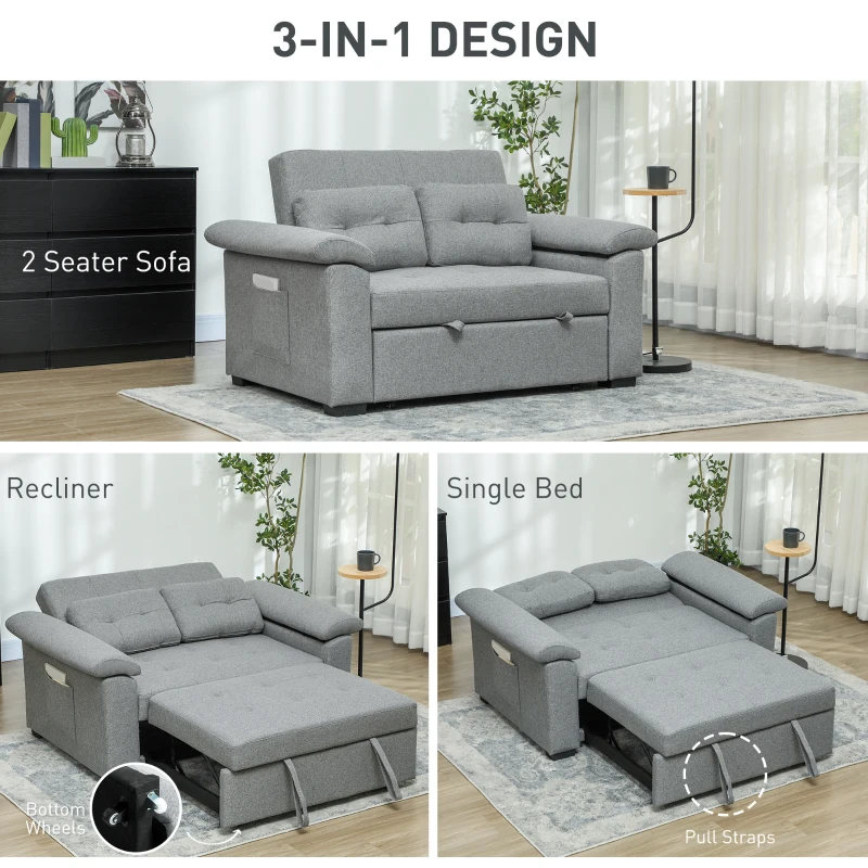 HOMCOM Pull Out Sofa Bed, Fabric 2 Seater Click Clack Sofa Bed Settee with 2 Pocket Springs, Convertible Sofa Couch with Pillows and Side Pockets for Living Room, Home Office, Light Grey