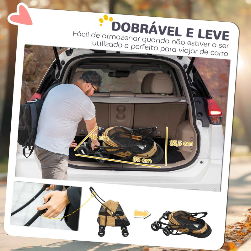 PawHut Carrinho para Animais de Estimação Dobrável com Janela de Malha Almofada Lavável Arnês de Segurança 82x47x97cm Marrom