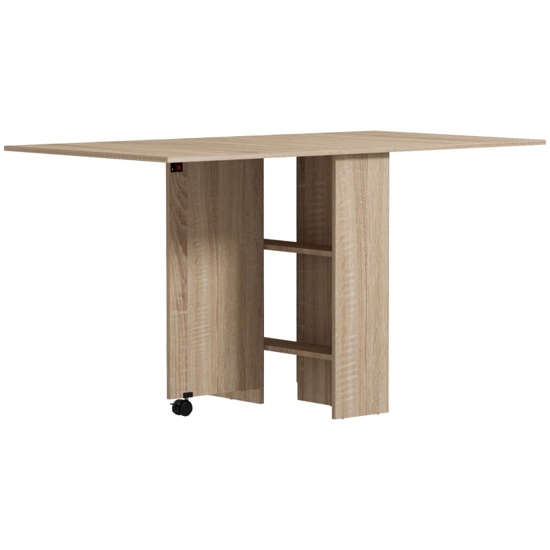 HOMCOM Mesa de Sala de Jantar Dobrável Mesa de Madeira com 2 Prateleiras de Armazenamento e Rodas para Cozinha 75x140x74 cm Madeira