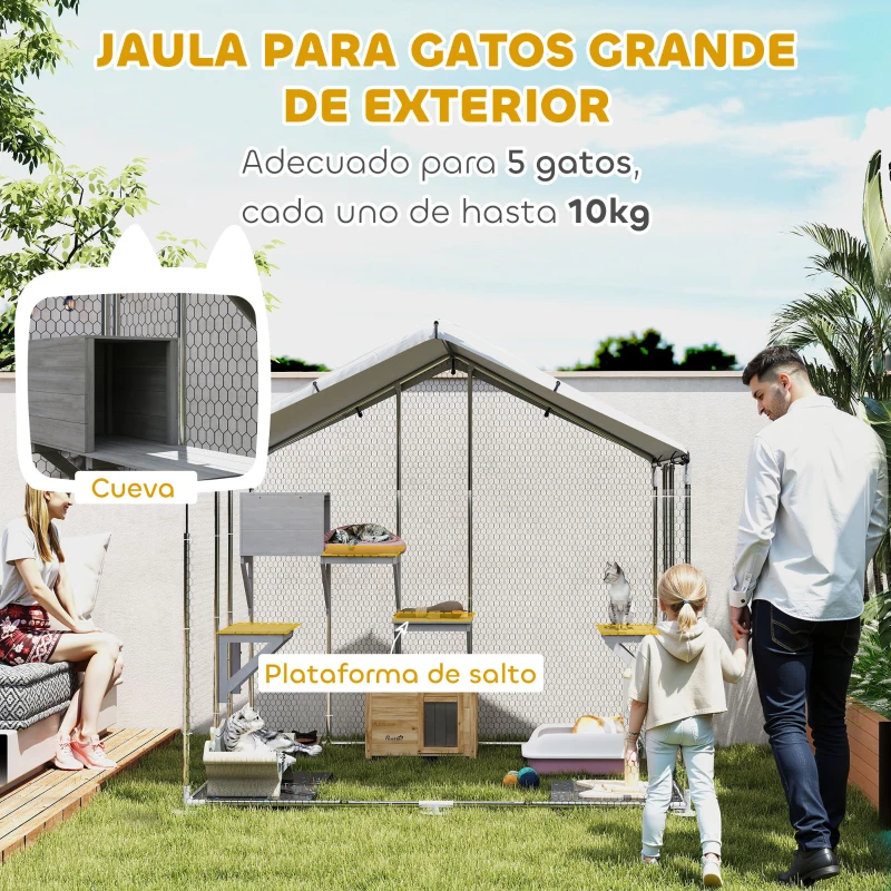 PawHut Refugio Exterior Grande para Gatos Jaula de Acero Galvanizado con Techo Impermeable para 5 Gatos 200x170x195 cm Plateado