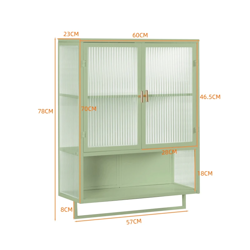 Dulap modern cu uși din sticlă, două niveluri de spațiu închis, raft deschis și suport pentru prosoape, 70x23x78 cm, Verde