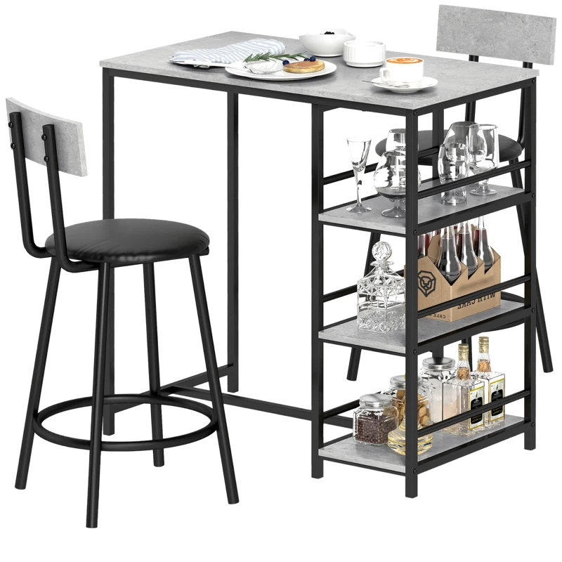 HOMCOM Ensemble table de bar avec 2 tabourets et étagères de rangement pour salle à manger, cuisine, gris et noir