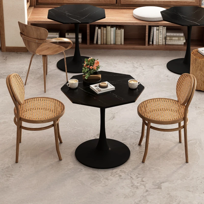 Mesa Moderna de Centro Octogonal con Tablero de MDF en Efecto Mármol y Base Metálica, 80x74x73 cm, Negro