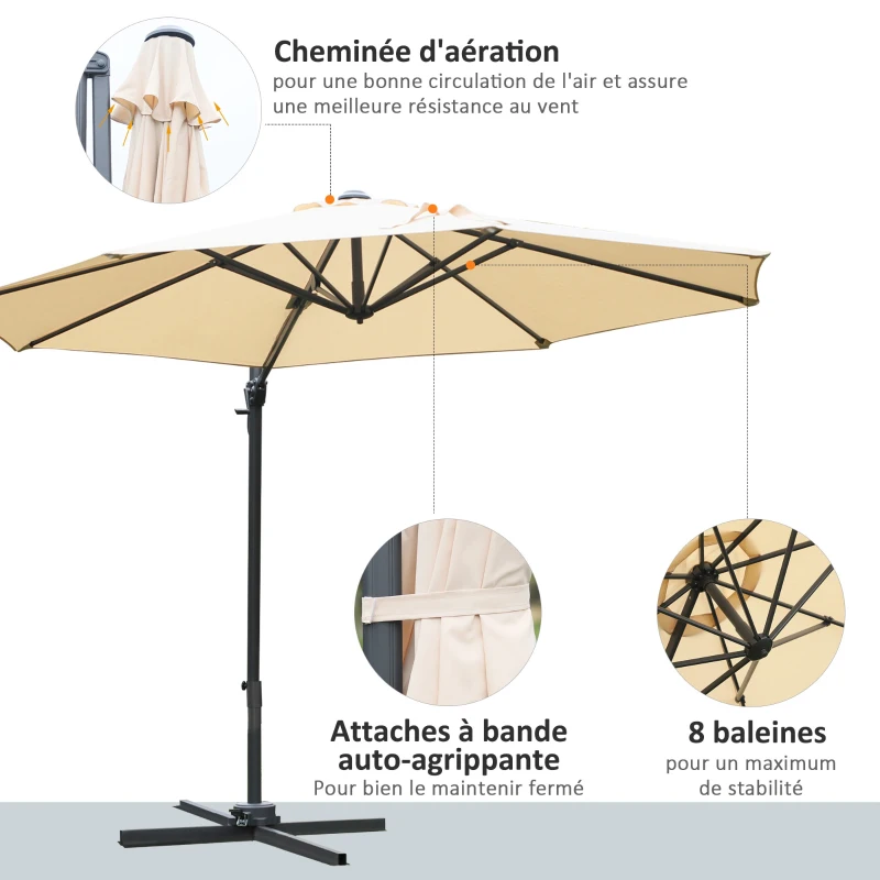 Outsunny Parasol déporté octogonal inclinable parasol rotatif 360° avec pied en croix 8 beleines manivelle inclus châssis alu.