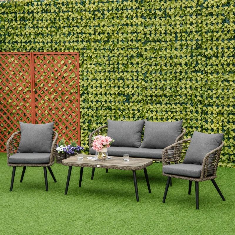 Outsunny Gartenmöbel-Set für 4 Personen, 1 Sofa, 2 Sessel. 1 Tisch, PE-Rattan, abnehmbare Polster, Braun+Grau