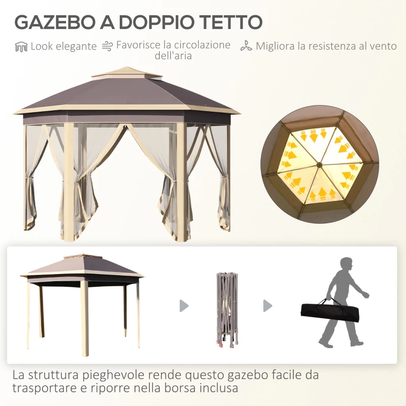 Outsunny Gazebo Pieghevole da Giardino 4x3.4 m ad Altezza Regolabile con Zanzariera e Doppio Tetto, Beige