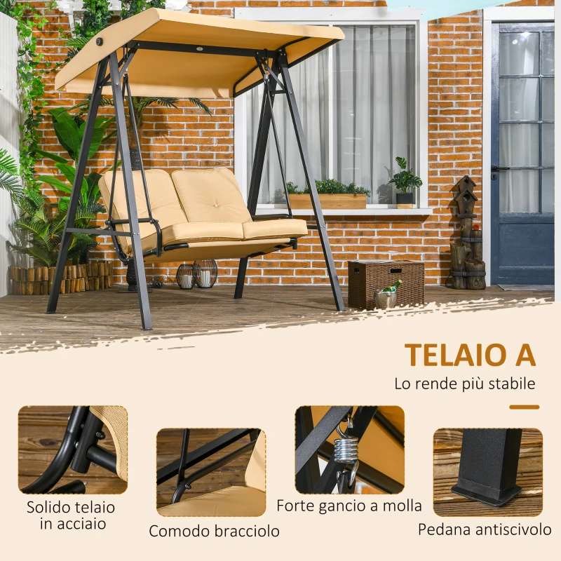 Outsunny Dondolo 2 Posti in Acciaio e tessuto Teslin con Tettuccio Regolabile e Cuscini, 138x106x174 cm, Beige