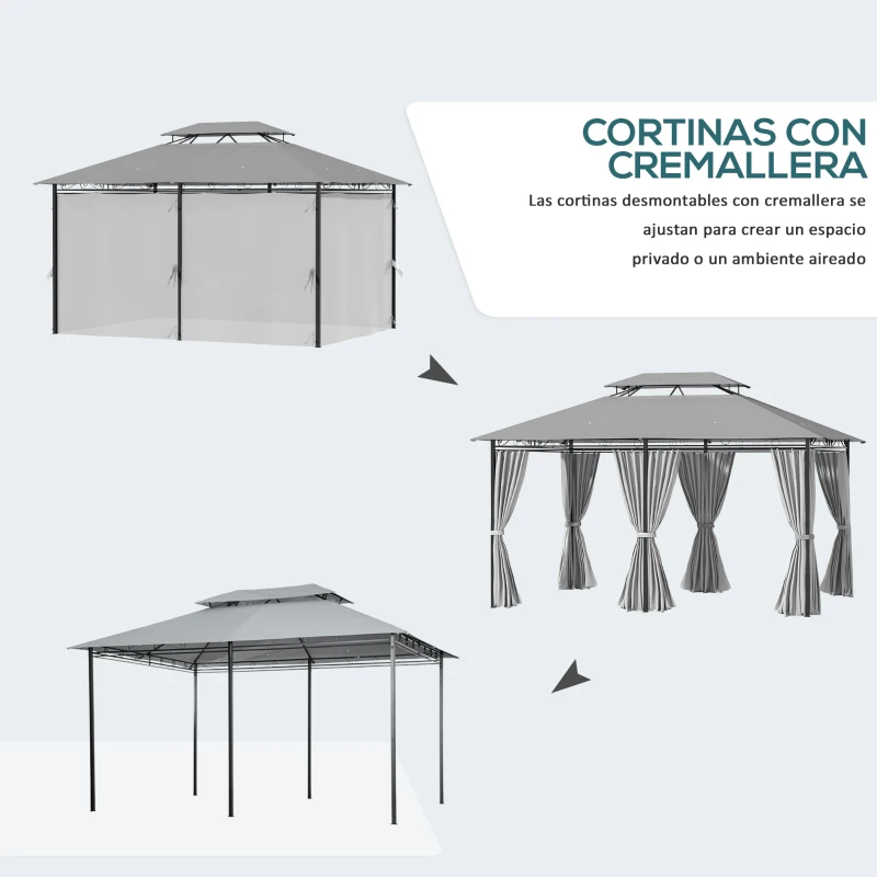 Outsunny Cenador para Jardín 3x4 m con Doble Techo Paredes Laterales Resistente al Agua para Exterior Terraza Patio Gris Oscuro