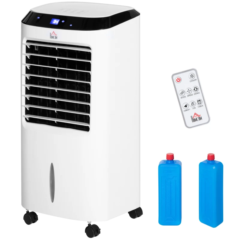HOMCOM Portable Air Cooler, Evaporative Anion Ice Cooling Fan Water Conditioner Humidifier Unit with 10L Water Tank, 3 Modes, 3 Speed, Remote, Timer, Oscillating for Home Quiet Bedroom, White