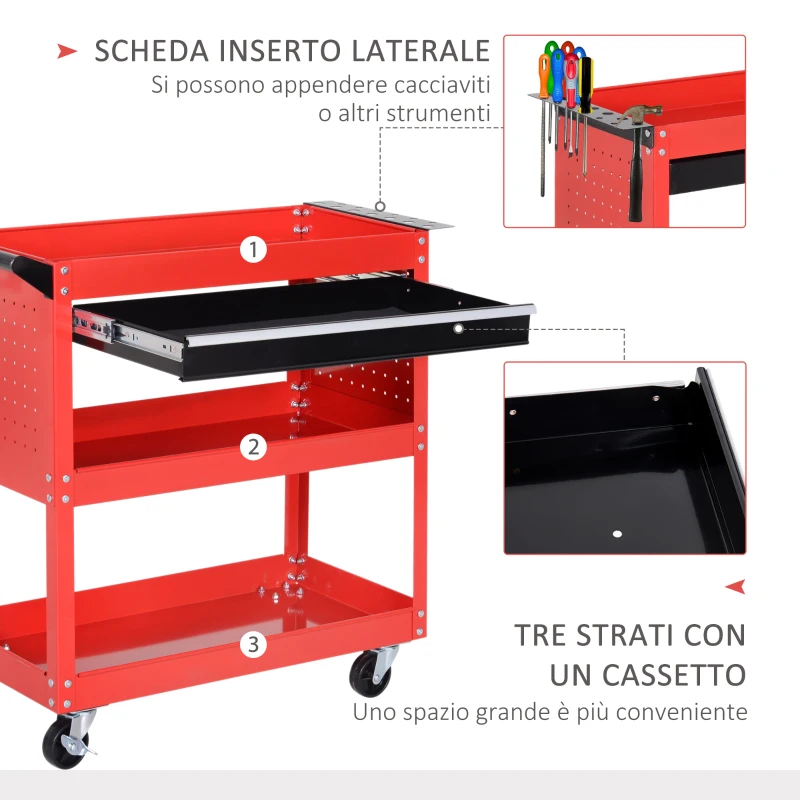 DURHAND Carrello Porta Attrezzi con Manico, Cassetto e 3 Ripiani, in Lamiera di Acciaio, 82x35x76 cm, Rosso