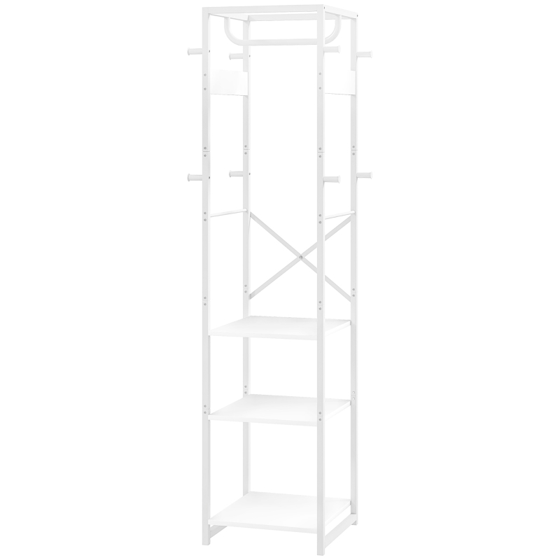 HOMCOM Appendiabiti da Terra con Asta e 2 Ripiani Aperti, in Legno e Acciaio, 38.5x30x170 cm, Bianco e color Legno