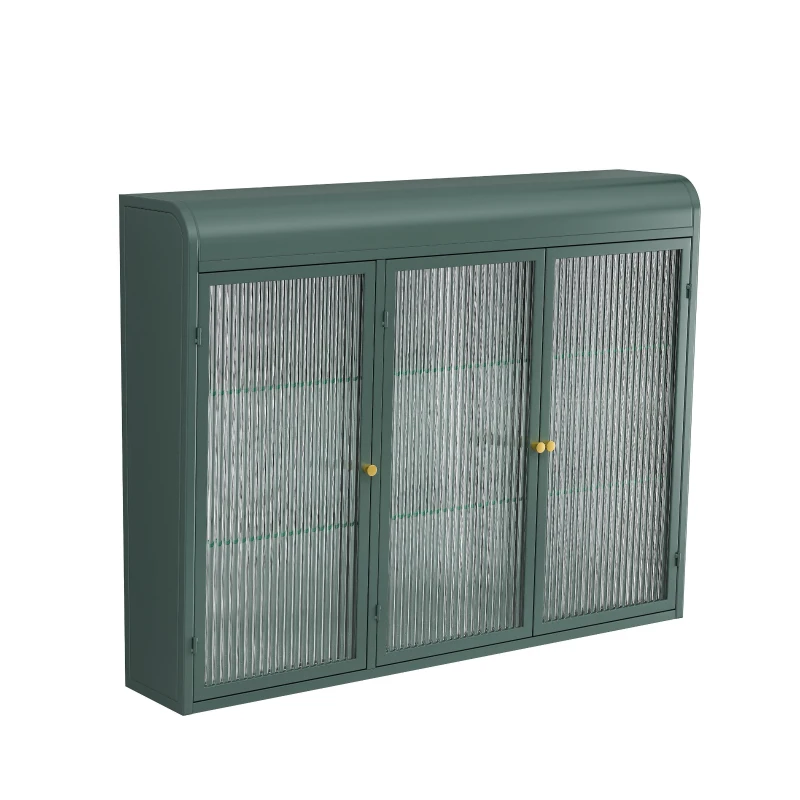 Armoire murale à 3 portes en verre avec design voûté,espace de rangement polyvalent,  pour cuisine, salon et salle de bain, 90×20×70 cm,Vert foncé