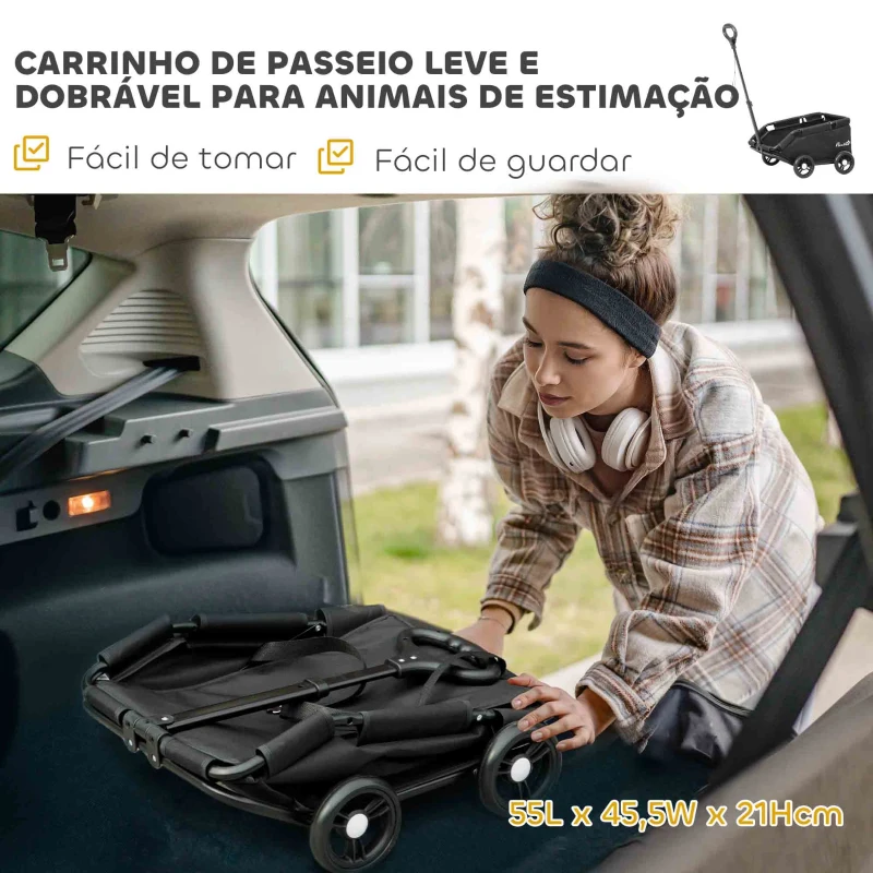 PawHut Carrinho para Cães Dobrável Carrinho para Cães Miniatura com Barra de Empurre Ajustável Desenho Aberto 53x45x28 cm Preto