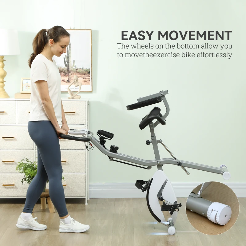 SPORTNOW 5-In-1 Folding Exercise Bike with Arm Workout Bands, Quiet 8-Level Magnetic Resistance Foldable Exercise Bike with LCD, Tablet Holder, Hand Pulse Sensor for Home Use Indoor Cycling, White