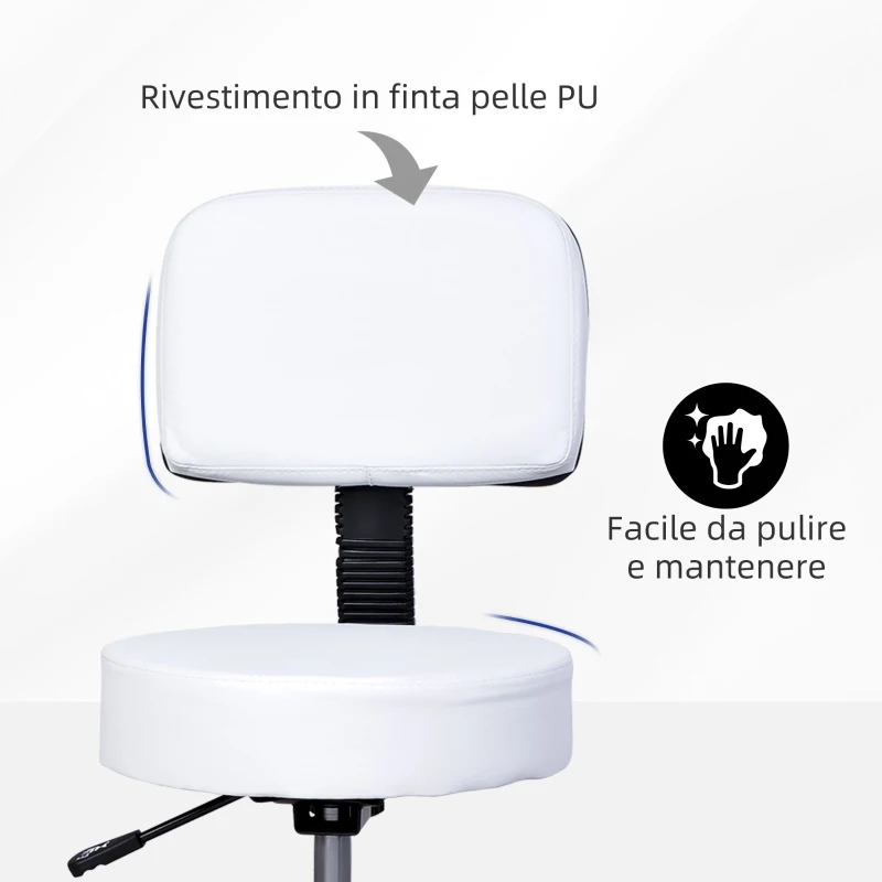 HOMCOM Sgabello Girevole con Schienale, Altezza Regolabile e 5 Ruote in pelle PU Bianca per Casa o Negozio