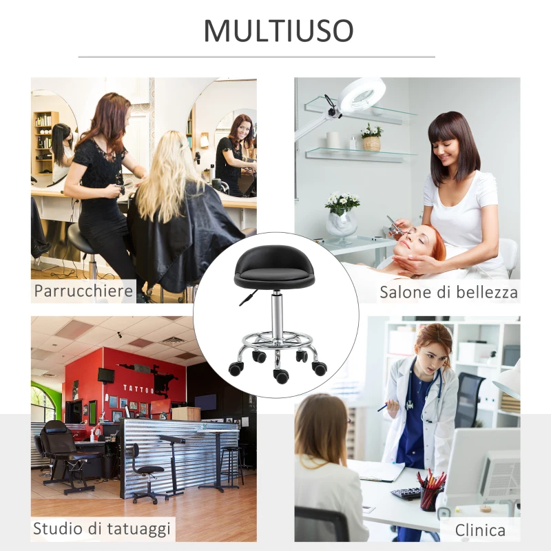 HOMCOM Set 2 Sgabelli Girevoli con Ruote, Altezza Regolabile e Rivestimento Similpelle PU, 38x38x57-72cm