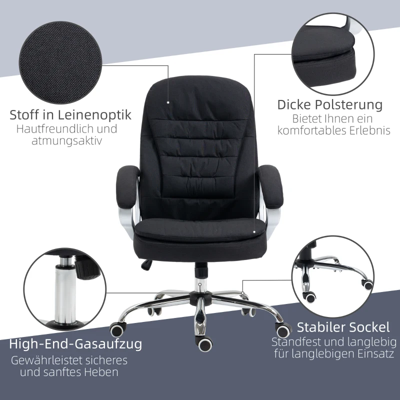Vinsetto Bürostuhl Arbeitsstuhl Schreibtischstuhl Drehstuhl 360° Ergonomisch Wippfunktion Höhenverstellbar Schwarz Leinen 64 x 75 x 111-121 cm