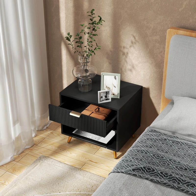 HOMCOM Elegant Bedside Table Set of 2, with Drawer and Shelf - Black/Gold Tone