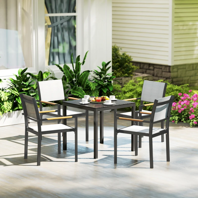 Outsunny Gartentisch Aluminium 73x73 cm Wetterfest Buffettisch mit Holzoptik, Campingtisch für 4 Personen Schwarz(m-8)