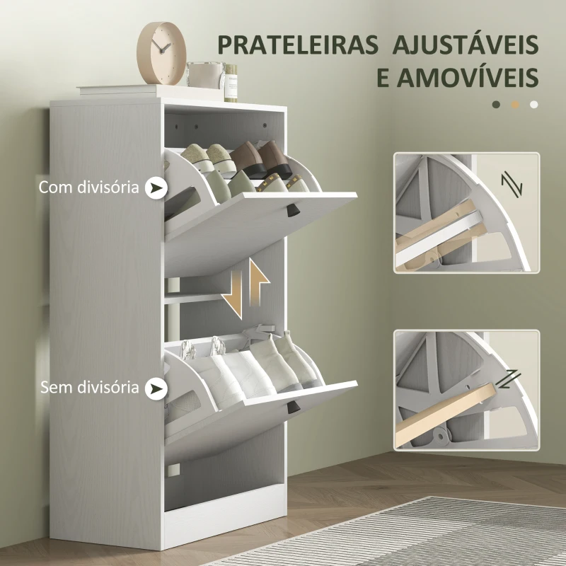 HOMCOM Sapateira Estreita Móvel Sapateira com 2 Gavetas Abatíveis e Prateleiras Ajustáveis para 8 Pares de Sapatos 47x26x85 cm Branco
