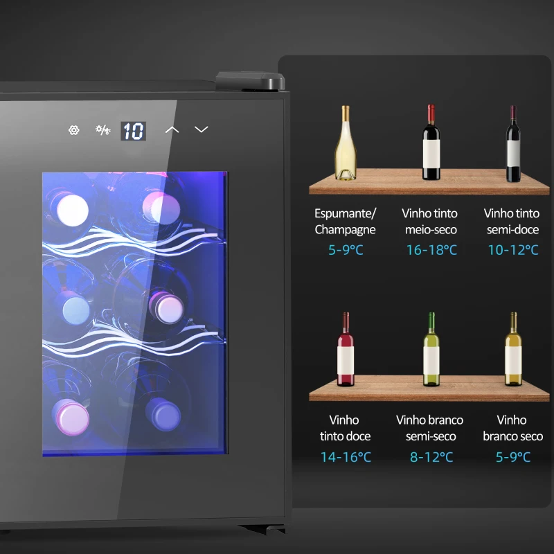 HOMCOM Cave de Vinho para 6 Garrafas com Luz LED Ecrã Tátil Controlo de Temperatura e 2 Prateleiras Ajustáveis 26,5x51,5x39,3 cm Preto