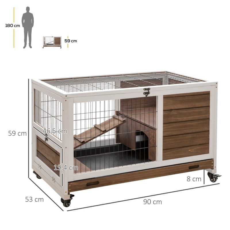 PawHut Conigliera in Legno con 4 Ruote, Casetta per Conigli e Rampa, 90x53x59cm, Marrone