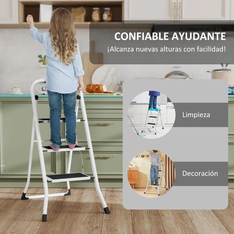 HOMCOM Escalera Plegable de 3 Peldaños 71x46,5x105,3 cm con Superficie Antideslizante Asa de Transporte y Carga Máxima 150 kg